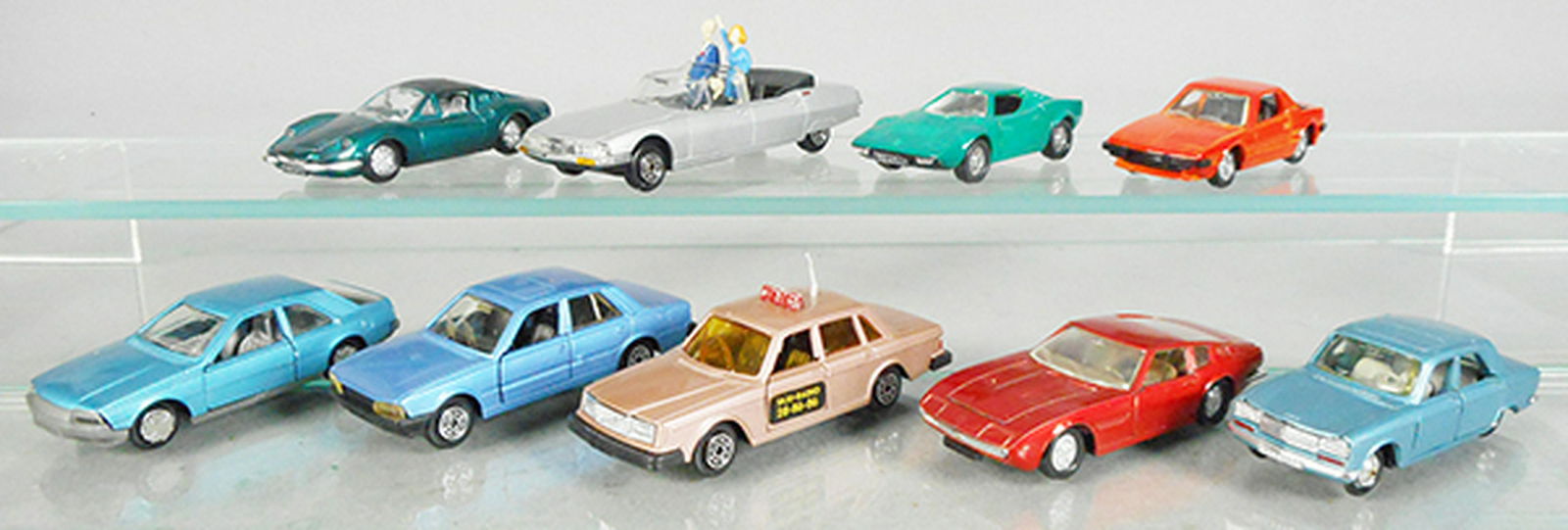 9 NOREV AUTOS: 821 Ferrari Dino, 838 Citroen SM Presidential, head repaired on figures, 713 Lancia Stratos, 836 Fiat X19, Renault Fuego, Peugeot 505, Volvo 264 Taxi, 820 Maserati Ghibli, 804 Peugeot 304, C7-8.