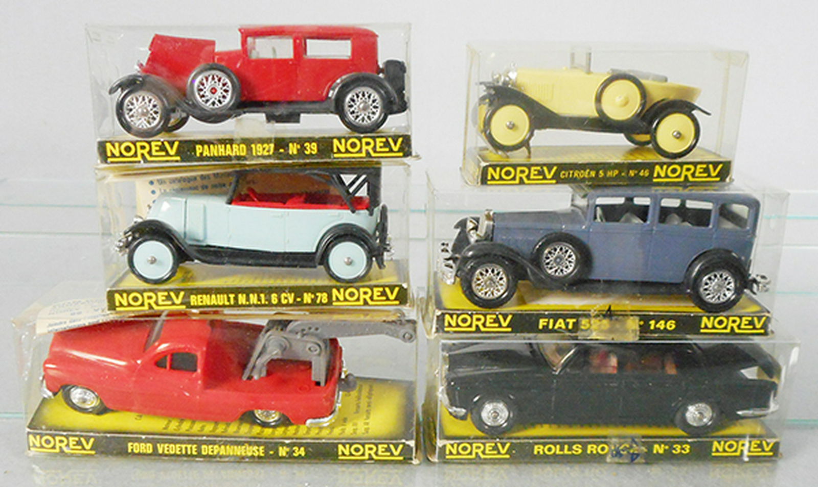 6 NOREV PLASTIC CARS: 39 Panhard, 78 Renault NN1 CV6, 34 Ford Vedette Wrecker, 46 Citroen 5 HP, 146 Fiat 525, 33 Rolls Royce, orig boxes minor wear, C8-9.