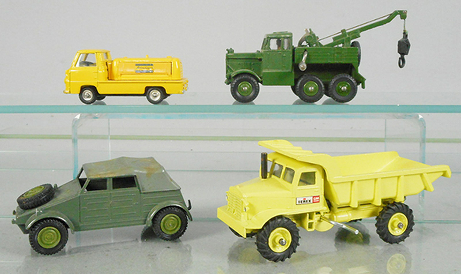 4 DINKY VEHICLES: 436 Atlas Copco, 661 Recovery Tractor, 617 Volkswagen KDF, dirty, w/trailer, not shown in photo, 965 Terex Rear Dump Truck, C8-9.