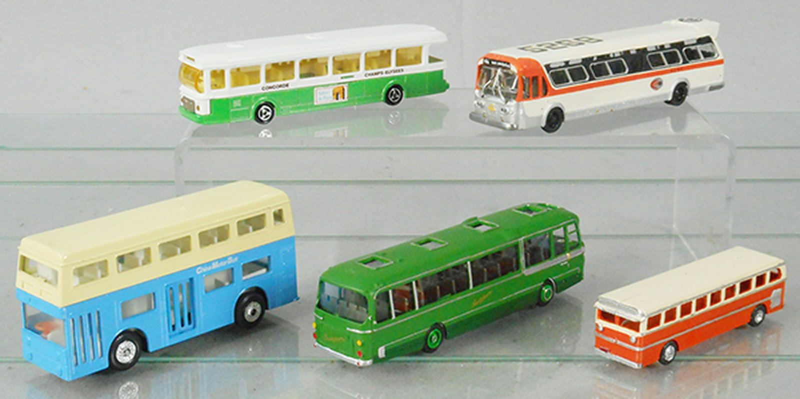5 TOY BUSES: die cast, 310 Majorette, Pirate, Peasant, Ambrico, 1 unmarked, 4 to 5 1/2 in long, C7-9.