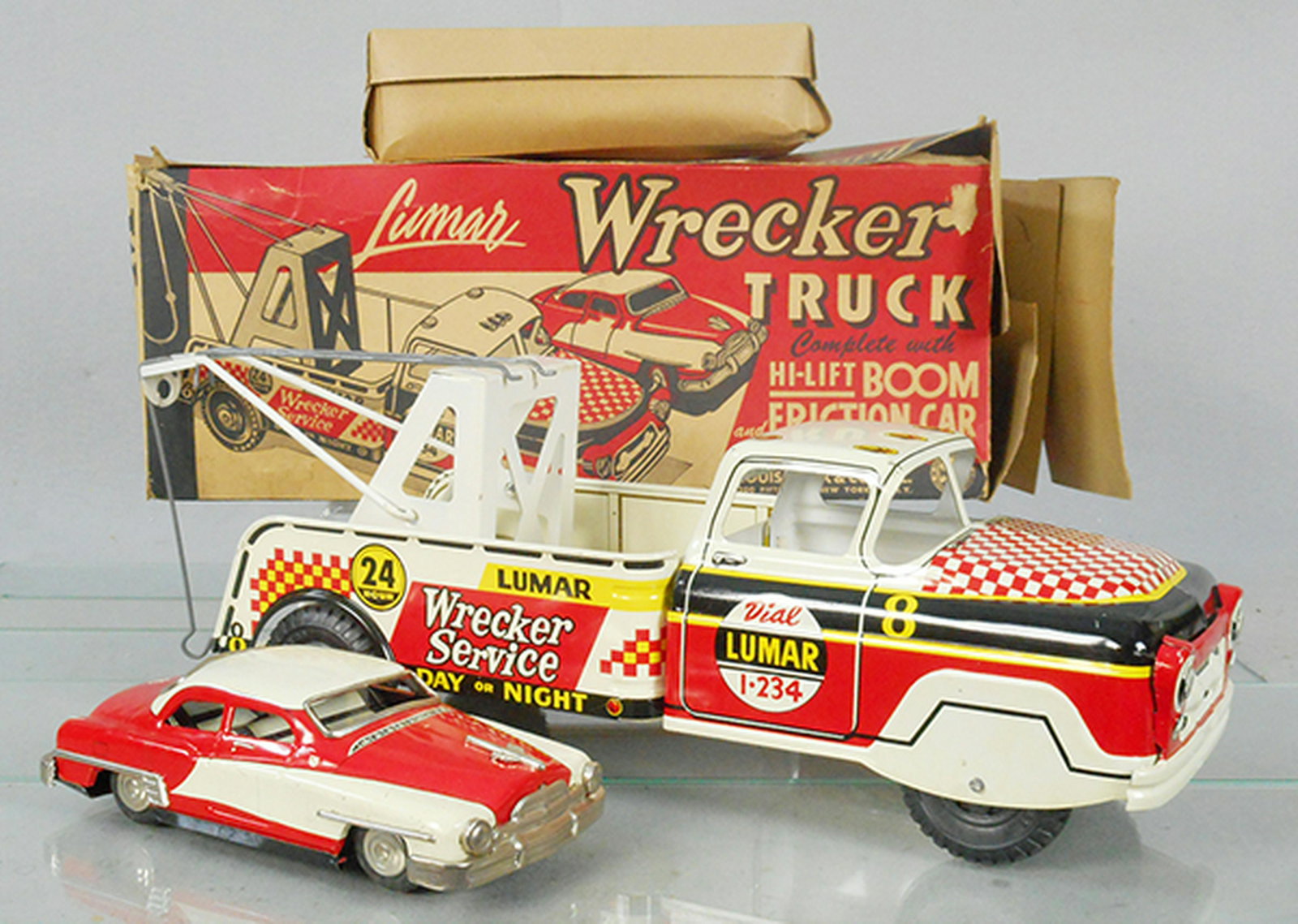 LUMAR WRECKER TRUCK SET: litho tin Truck, 16 in long, w/Linemar Coupe, 8 1/2 in long, missing 1 hub cap, friction working, orig boxes worn, C8.