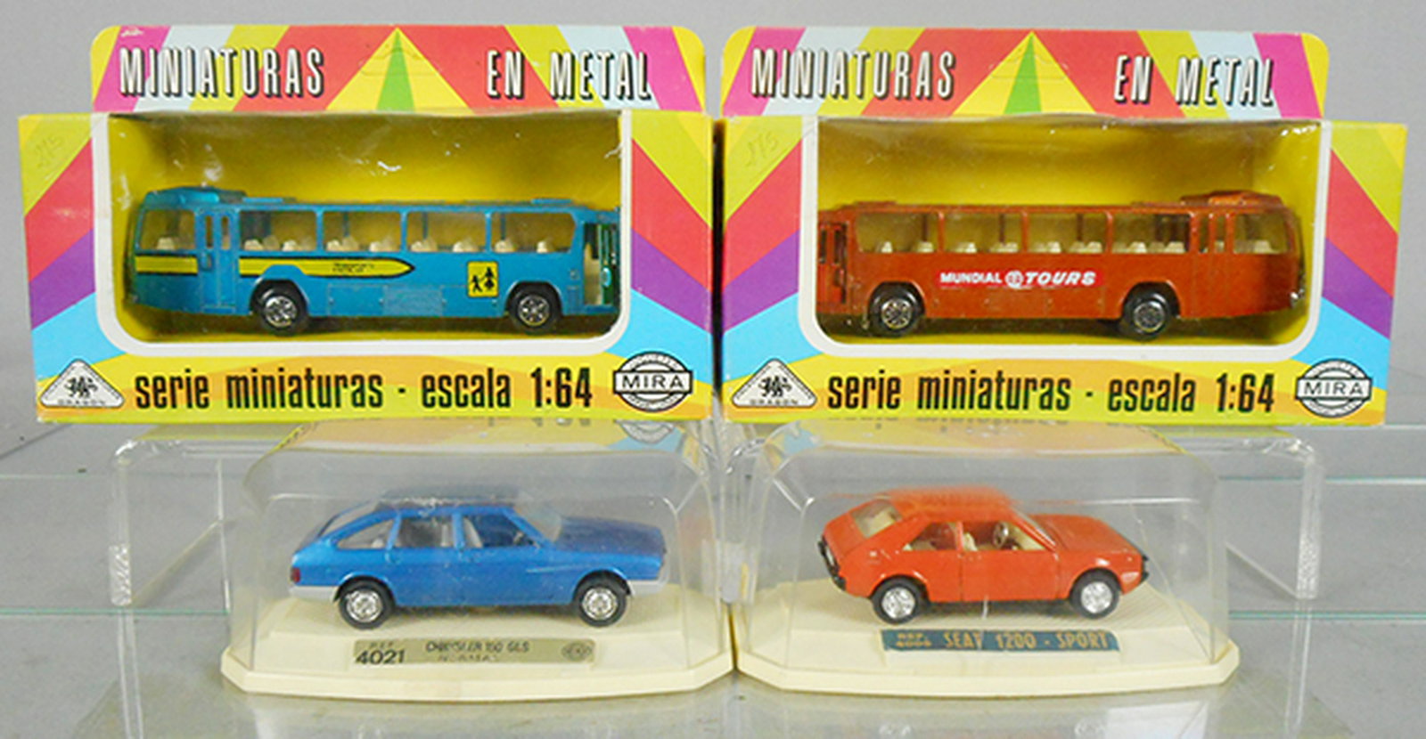 4 MIRA VEHICLES: 2 #81 Buses, 4021 Chrysler 150 GLS, 4006 Seat 1200 Sport, orig boxes minor wear, C8-9.