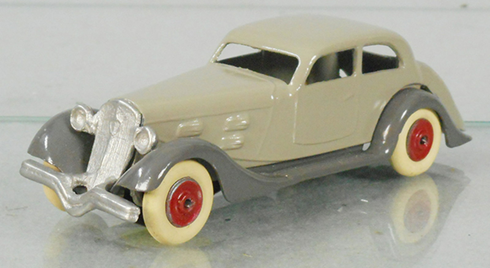 AR PEUGEOT 601 SEDAN PROMO: die cast, 2-tone gray, spring suspension, 4 1/4 in long, restored, C9.