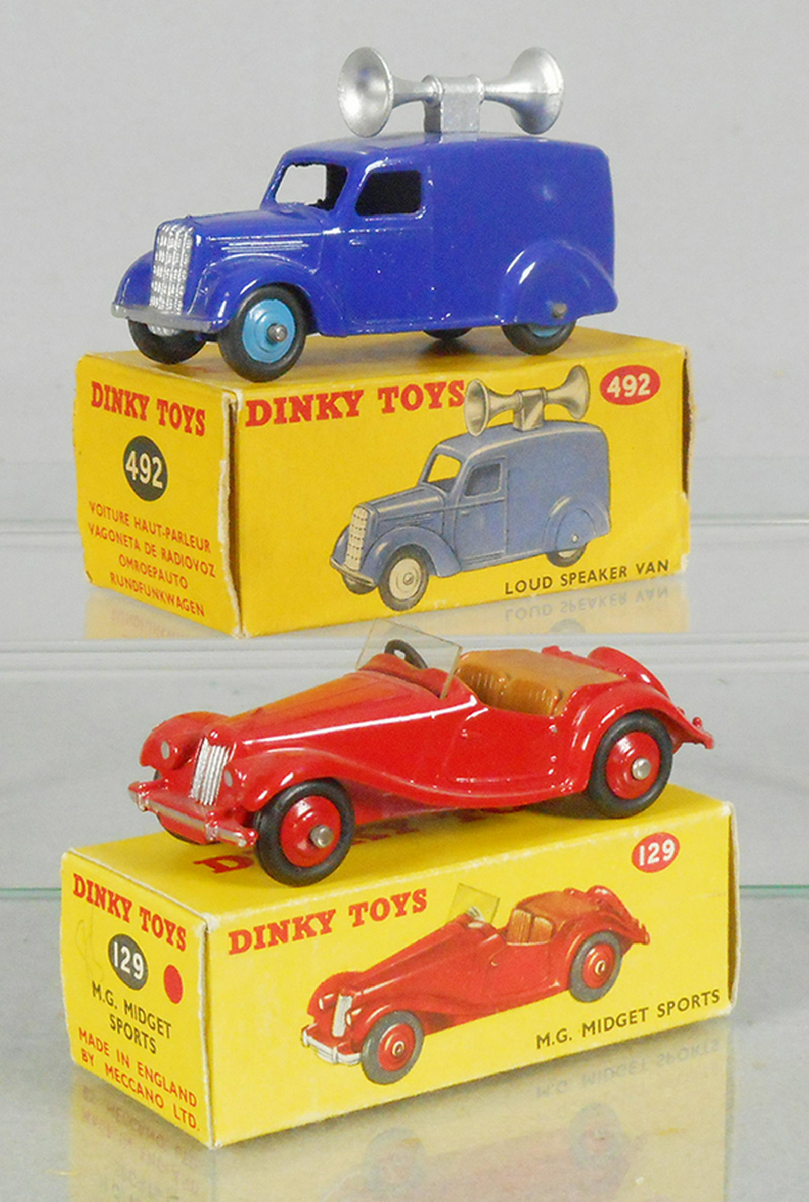 2 DINKY AUTOS: 492 Loud Speaker Van, orig box minor wear, 129 MG Midget, orig box has correct color dot, C9.