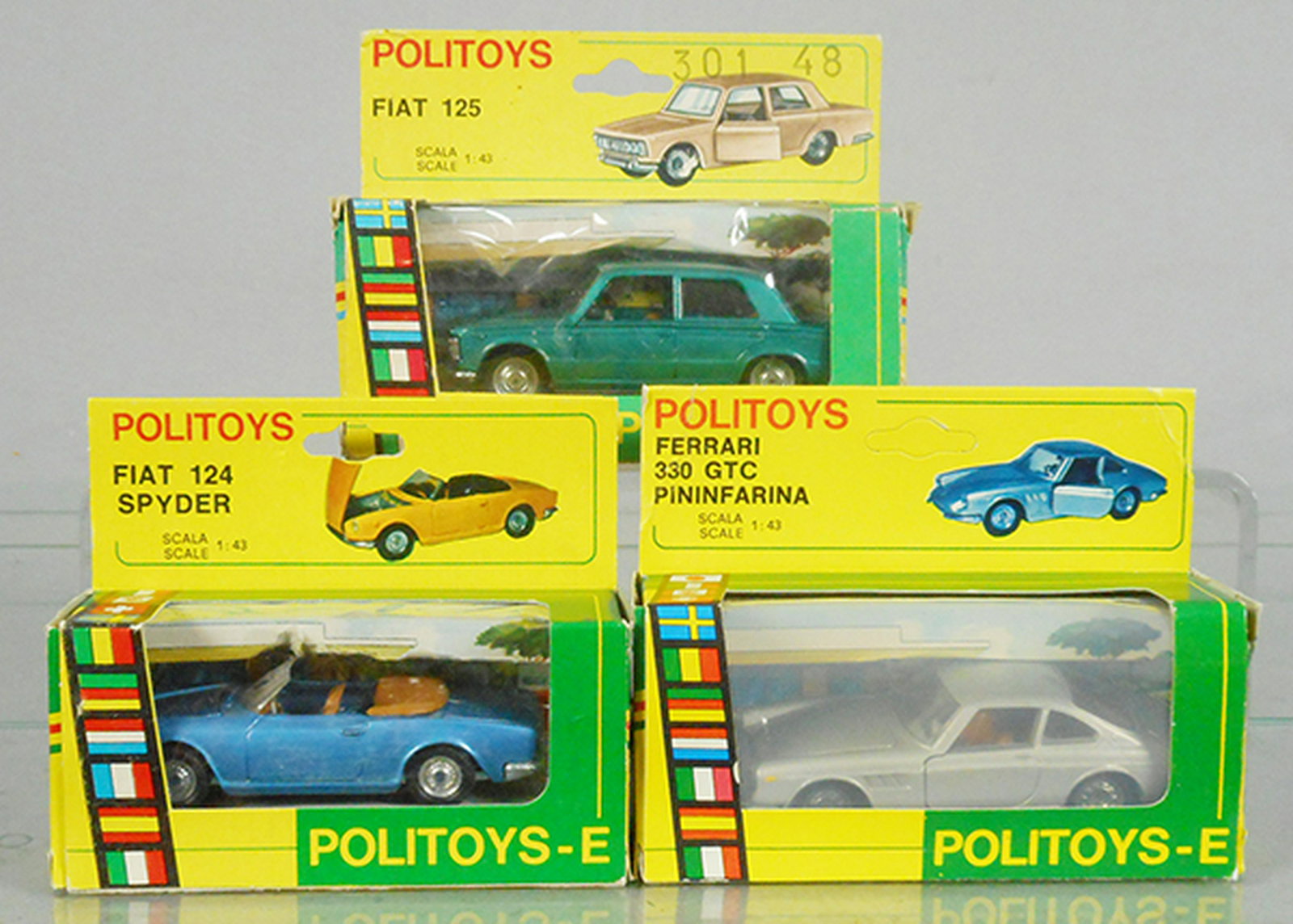 3 POLITOY E AUTOS: 578 Fiat 125, 555 Fiat 124 Spyder, 562 Ferrari 330 GTC Pininfarina, orig boxes & inserts worn, C9.