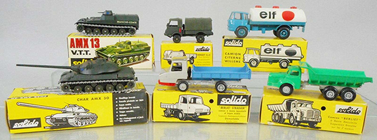 6 SOLIDO VEHICLES: 227 AMX 13 VTT, 203 Renault 4X4, 308 Willeme ELF, 209 AMX 30 Tank, 306 Berliet Stradair, 303 Berliet Dump Truck, orig boxes, C8-9.