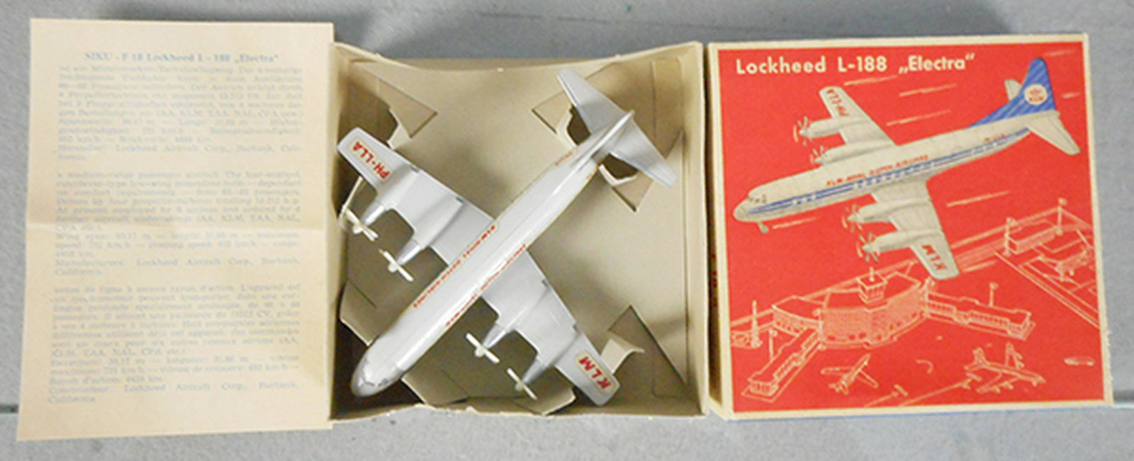 SIKU F18A LOCKHEED ELECTRA: plastic, KLM, 4 3/4 in wingspan, instruction sheet, orig box & insert, C9.