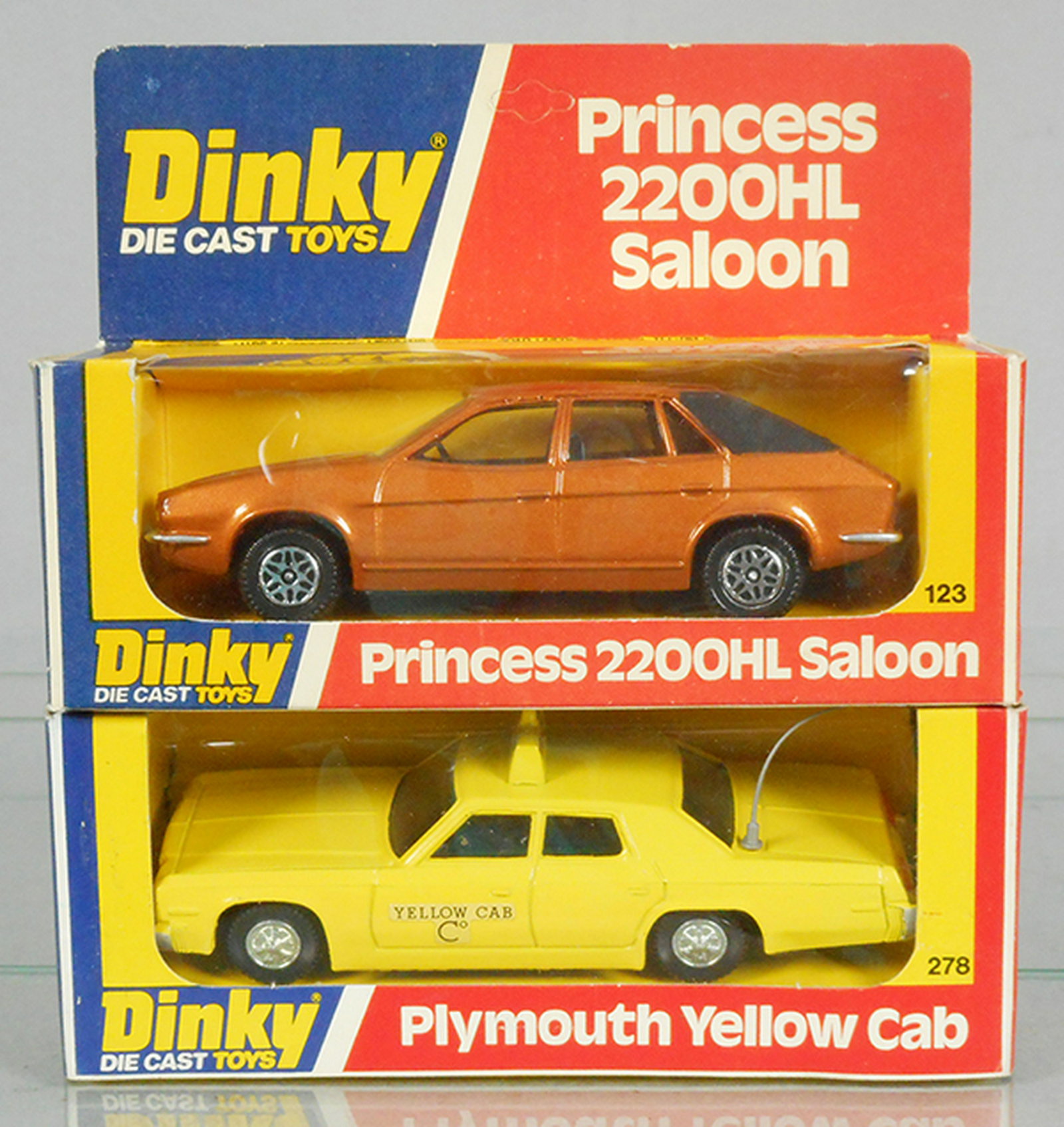 2 DINKY VEHICLES: 123 Princess 2200HL Saloon, 278 Plymouth Yellow Cab, orig boes & inserts minor wear, C9.