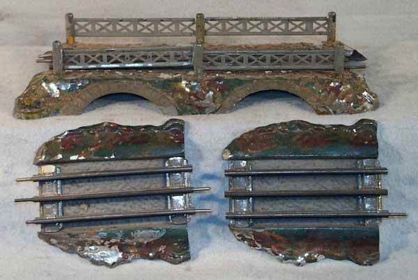 IVES 3-PC BRIDGE: handpainted tin, 1 fence rail reattached, paint flaking heavily, C4.