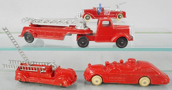 TOOTSIETOY & BARCLAY FIRE ENGINES: Tootsietoy 1041 Hose Car, 489 Hook & Ladder, 1040 Ladder Truck, Barclay BV126 Pumper, 5 3/4 in long, C6-8.