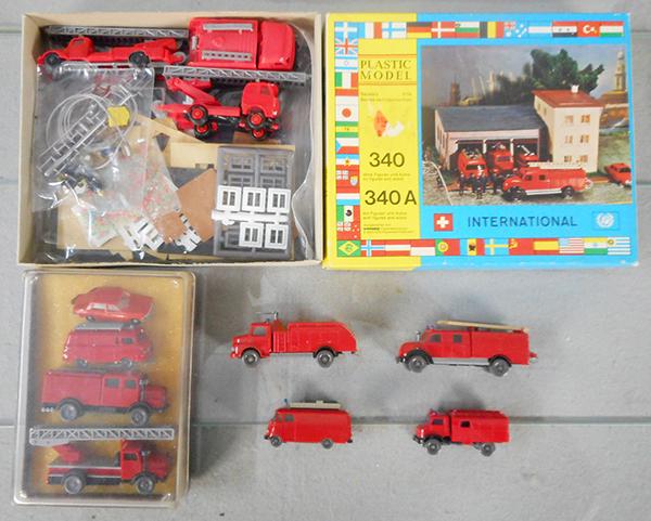 WIKING FIRE SET: 340A Fire Station set, w/4 Wiking vehicles, 3 EKO Fire Vehicles, Espewe 4-Vehicle Set in plastic orig box, C8-10.