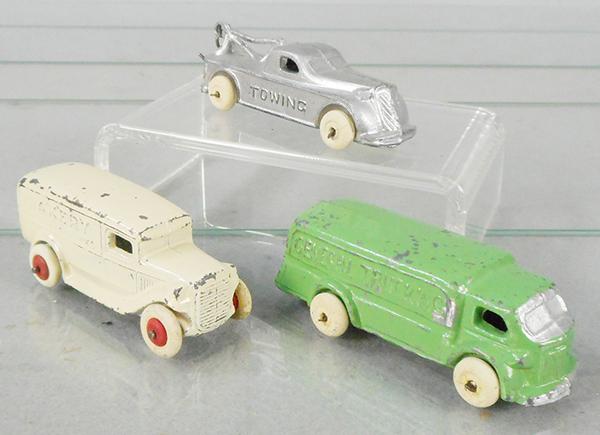 3 BARCLAY VEHICLES: BV119 Towing Truck, silver, BV13 Bakery Fine Cakes & Pies, white, General Trucking, green, C5-6.