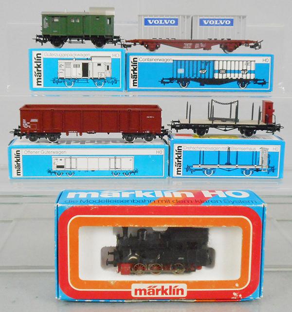 MARKLIN TRAIN SET: HO ga, 3029 loco, 4697 flat car, 4765 container car, 4716 gondola, 4699 box car, orig boxes minor wear, C9.