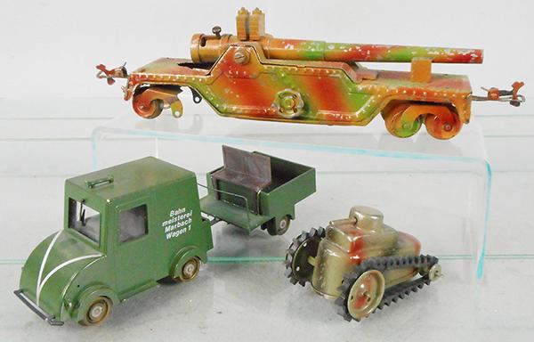 GUNTHERMANN/BUB RAIL GUN: O ga, camouflaged Rail Gun, windup working, missing 1 wheel set & 6 stakes, Gama Tank, windup working, Inspection Car, ga 1, front bumper chipped, C6-8.