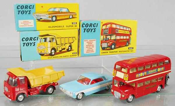 3 CORGI VEHICLES: 235 Oldsmobile, 458 ERF Dumper, 468 Routemaster Bus, orig boxes, C9.