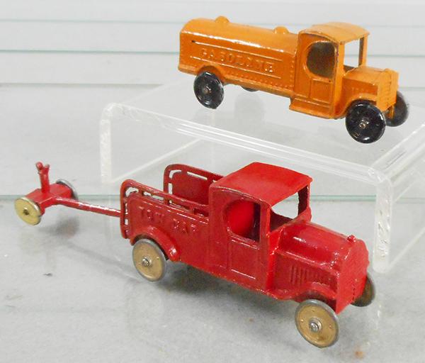 3 TIP TOP TOYS VEHICLES: TTTV2 Gasoline Truck, orange, 3 1/2 in long, TTTV3A Tow Car, red, 3 1/4 in long, TTTV3C Tow Trailer, 2 in long, C7-8.