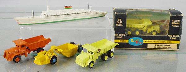 5 MERCURY VEHICLES: die cast, 455 Leonardo da Vinci ship, 7-69 Euclid R-40, orig box, 508 Auto Car Dump, 505 Euclid Dump, MIchigan Scraper, C7-9.