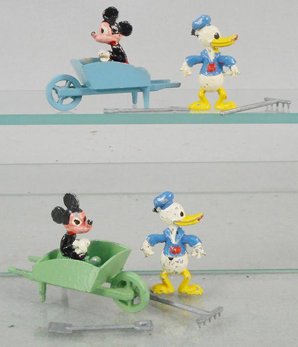 SALCO MICKEY & MINNIE SETS: die cast, Disney characters w/wheelbarrows, rakes & shovels, C5-7.