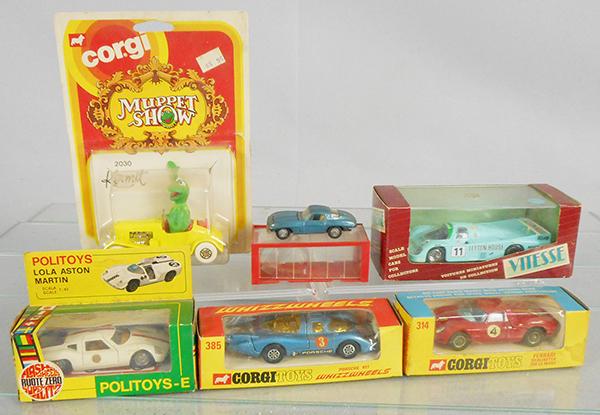 6 DIE CAST AUTOS: Corgi 2030 Kermit Auto, 385 Porsche 917, 314 Ferrari 250LM, Politoy-E 565 Lola Aston Martin, Mini Dinky 12 Corvette, SM44 Porsche 956, orig boxes & inserts minor wear, C8-10.