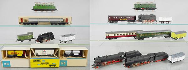 PIKO & EHLCKE TRAINS: HO ga, 2-rail, 6 locos, 9 freight cars, 3 passenger coaches, made in East Germany, 4 orig boxes only, minor wear, C7-9.
