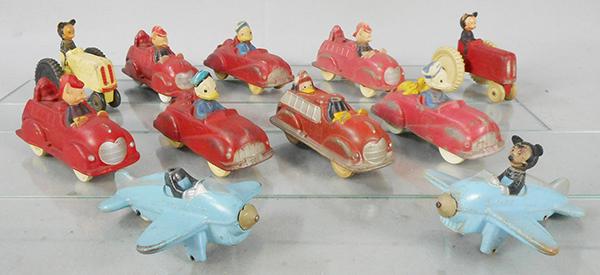 SUN RUBBER DISNEY VEHICLES: 2 #SD01 Mickey Tractors, 4 #SD02 Mickey Fire Engines, 1 incom, 2 #SD03 Mickey Airplanes, both are incom, 3 #SD04 Donald Cars, C4-6.
