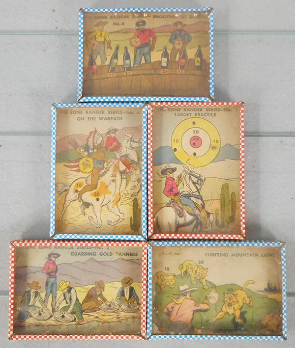 5 LONE RANGER BB DEXTERITY PUZZLES: litho tin & glass, 5 in by 3 1/2 in, #'s 1, 2, 4, 5, 6, C7-8.