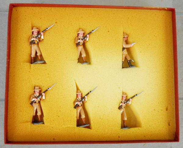 TROPHY MINIATURES BOX REBELLION SET: 6 pieces w/officer & 5 soldiers advancing, orig box & insert, C9.