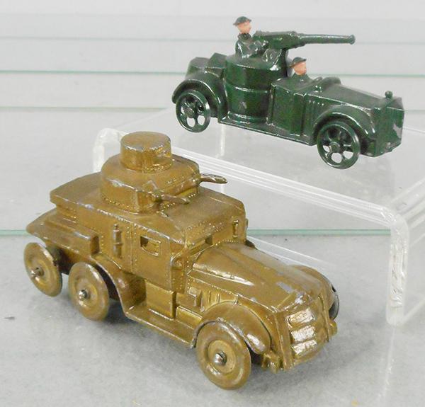 2 CHARBENS ARMY VEHICLES: Armored Car, khaki, 4 in long, Armored Car, dark green, 3 3/8 in long, C8.