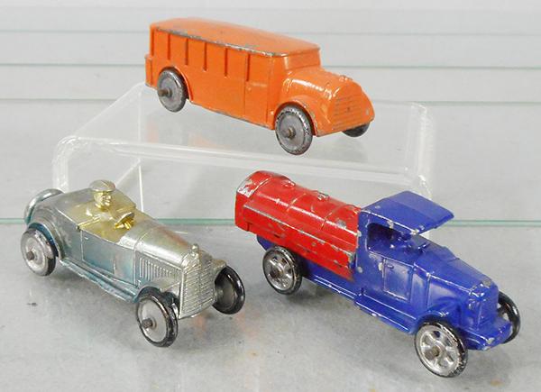 3 CAW VEHICLES: slush die cast, CWV1 Packard, silver, CWV3 Bus, orange, CWV4 Tank Truck, blue & red, C6-8.