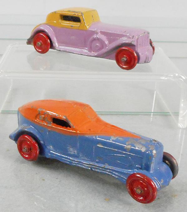 2 BARCLAY AUTOS: BV31 Cord Fwd, blue & orange, BV139 Auburn Speedster, lavender & cream, both have red metal wheels, C6.