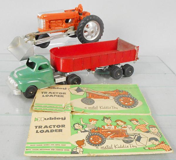 2 HUBLEY VEHICLES: 501 Tractor Loader, 12 1/2 in long, w/orig box fragments, 508 Ford Dump Truck, 16 in long, C7-8.