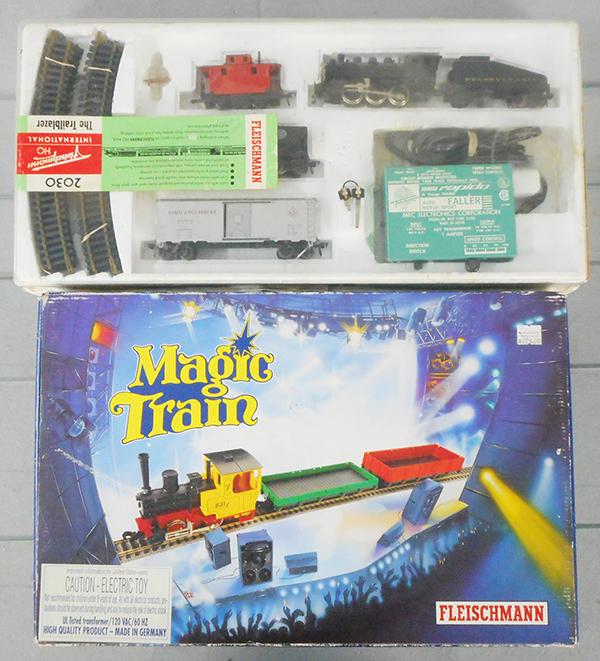 2 FLEISCHMANN TRAIN SETS: HO ga, 2-rail, 2030 Trailblazer, 2000 Billy Magic Train, both sets have track & transformer, orig boxes & inserts minor wear, C8.