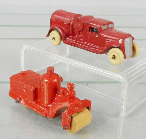 2 KANSAS TOY VEHICLES: KTV65 #78 Concrete Mixer, red, 3 3/4 in, KTV34 #43 Road Roller, red, 3 1/4 in, C8-9.