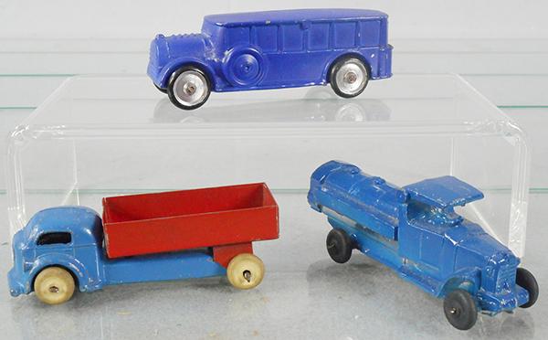 RALSTOY & CAW NOVELTY VEHICLES: slush die cast, Ralstoy RAV1 #42 Dump Truck, blue & red, CAW CWV3 Overland Bus, blue, 3 3/4 in, CWV4 Oil Tanker, blue, 3 3/4 in, C7-8.