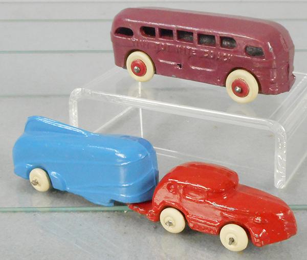 2 SLUSH DIE CAST VEHICLES: Tiny-Toy Nite Coach, purple, 4 1/4 in, Streamlined Truck, red & blue, 6 in long, C8-9.