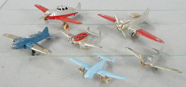 6 HUBLEY AIRPLANES: die cast, 430, w/folding wings, 427 Crusader, 455, w/folding wings, 467 Navy, w/folding wings, 441 US Army, Lockheed Electra, C4-6.