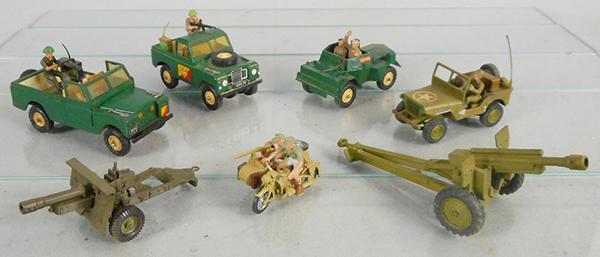 BRITAINS & DINKY ARMY VEHICLES: Britains Scout Car, 2 Land Rovers, BMW Motorcycle, Crescent Cannon, Dinky 615 Jeep w/Howitzer, C5-6.