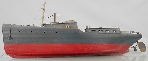 FOLK ART SHIP: wood, 36 in long, w/good trim details, front mast broken & now short by 1 in, wire handrail missing, missing 1 stantion, C5-6.