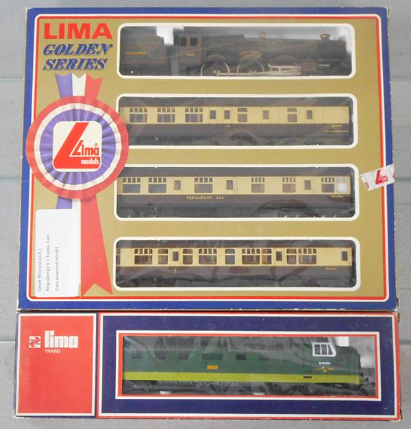 LIMA TRAIN LOT: HO ga, 2-rail, 5105W British Rwys diesel w/Golden Series 10 9706 G King George V 3-car passenger set, orig boxes some wear, C7-9.