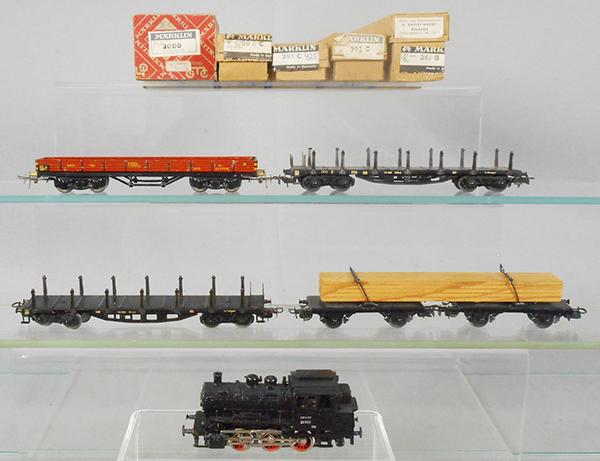MARKLIN TRAIN SET: HO ga, 3000 loco, 361G lumber, 2 #392C flat cars, 391C gondola, orig boxes minor wear, C8.
