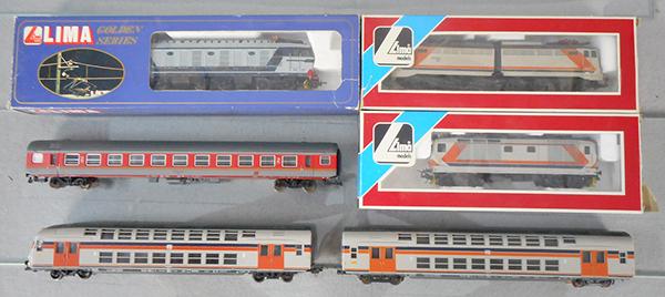 LIMA ITALIAN TRAIN LOT: HO ga, locos 208136 LGP, 20 8152 L & 20 8150 LGP, orig boxes some wear, w/3 coaches, C6-8.