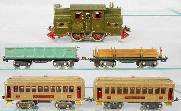 LIONEL TRAIN SET: std ga, 33 loco, relettered, 512 gondola, 511 lumber, 2 #337 coaches, C5-6.