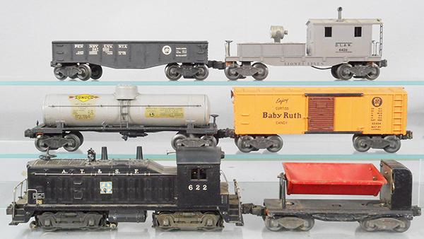 LIONEL TRAIN SET: O ga, 622 NW2 switcher, decal chips, 622 stamped on nose, 3559 dump, 2855 Sunoco tank, decals yellowing, 2454 PRR box, catwalk has chip, 2452X gondola, 6420 work caboose, C5-6.
