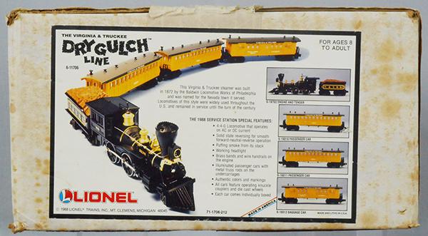 LIONEL 11706 DRY GULCH LINE TRAIN SET: O ga, loco, tender & 3 coaches, orig boxes & shipping carton factory sealed, some staining from age, C10.
