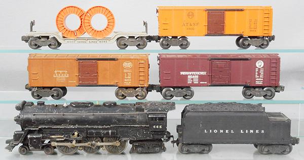 LIONEL TRAIN SET: O ga, 665 Hudson loco, 6466W tender, 6454 NYC box car, 6454 PRR box car, 6454 ATSF box car, 6561 cable reel car, C5-6.