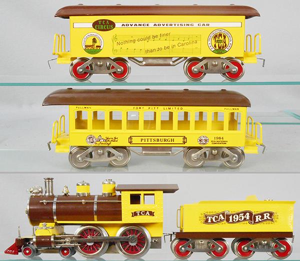 McCOY TCA TRAIN SET: std ga, 7 style loco, steamchests fatiguing, 1954 tender, w/Circus advertising car & Pittsburgh coach, C8.