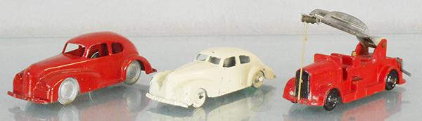 3 ENGLISH DIE CAST VEHICLES: Betal Roadster, red, Jolly Roger Plymouth, cream, Crescent DCMT 1221 Fire Truck, w/extending ladder, missing string, ladder tarnishing, C5-6.