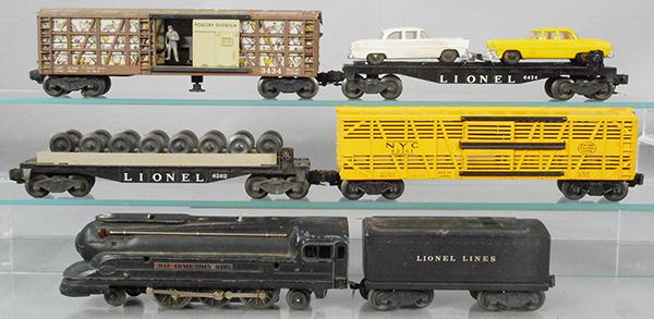 LIONEL TRAIN SET: O ga, 1668 loco, 1654T tender, w/FS trucks, 6262 wheel car, 6356 stock car, 3434 poultry car, 6424 auto flat, C5-6.