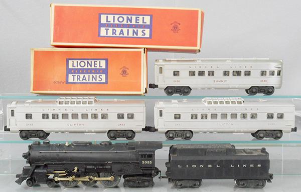 LIONEL TRAIN SET: O ga, 2055 Hudson loco, 6020W tender, orig box minor wear, 2 #2432 Clifton vista domes, 2436 Summit obsv, w/orig box minor wear, C5-7.