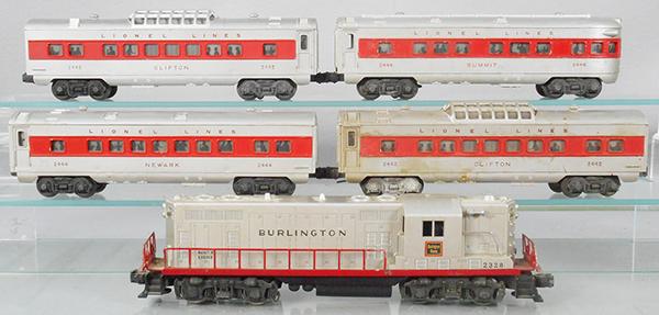 LIONEL TRAIN SET: O ga, 2328 Burlington GP7, 2444 Newark, 2 #2442 Clifton, 1 is dirty, 2446 Summit, C5-7.